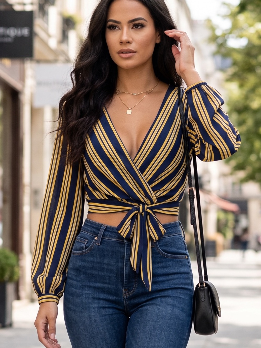 love J Navy and Yellow Striped Wrap Front Blouse